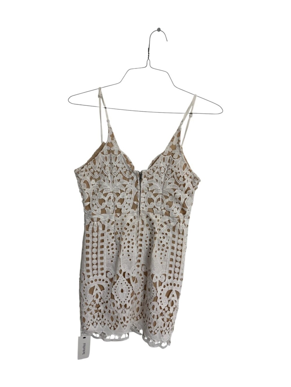 Luxxel Women's Beige Lace Mini Dress Spaghetti Straps Size M Crochet Coquette